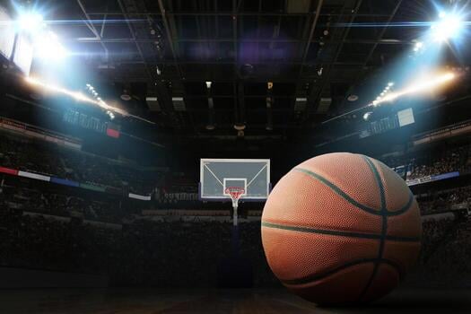 Basketball on the court in a championship arena - March Madness
